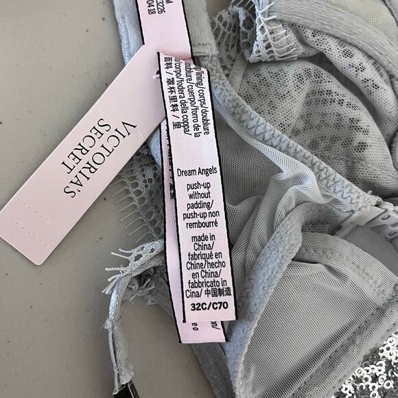 Victorias Secret Push Up Bra Womens 32C Dream‎ Angels Gray Lace Silver Sequins - Picture 5 of 5